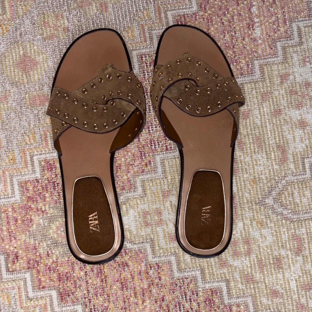 Zara Brown Gold Studded Slide Sandals - Women's size 38
